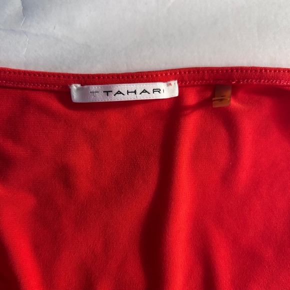 Tahari Red V Neck Short Sleeve Wrap Sheath Knee Length Dress Women's 12 - Picture 7 of 9